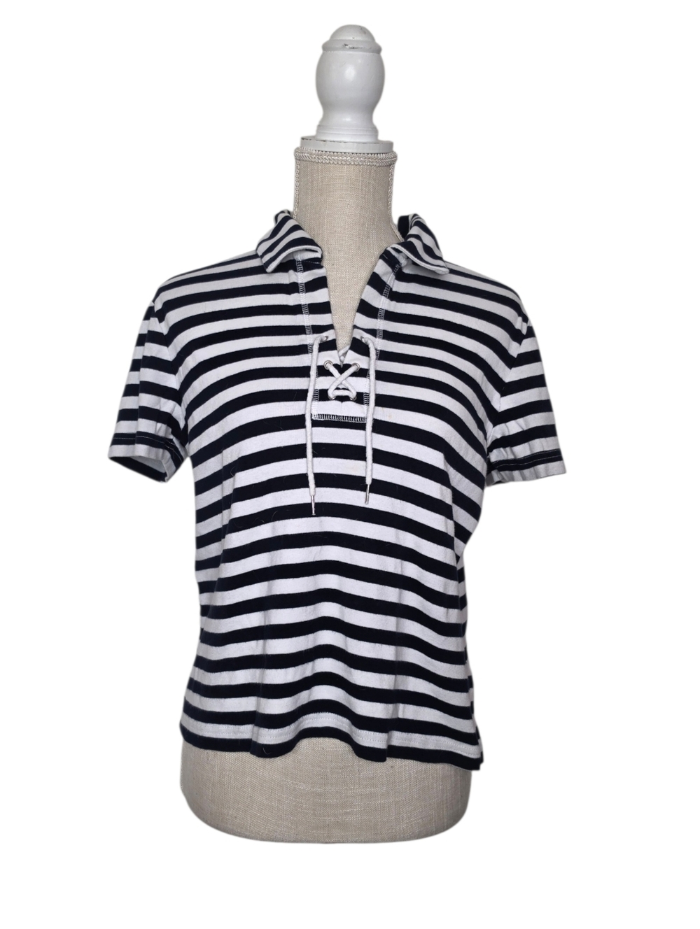 5/$15 Sag Harbor Nautical White Navy Blue Stripe Shirt Top